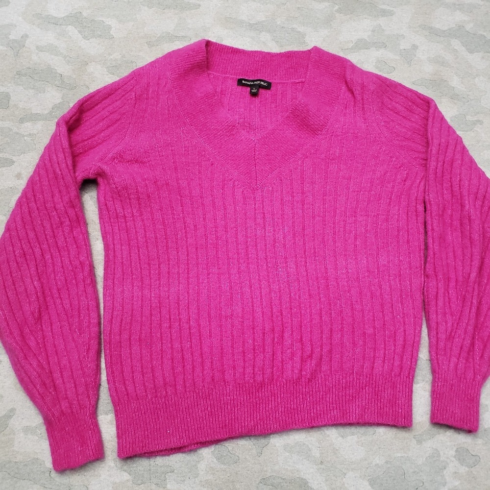 Banana Republic Sweater Womens Large Pink Wool Blend V-Neck‎ Pullover Ribbed